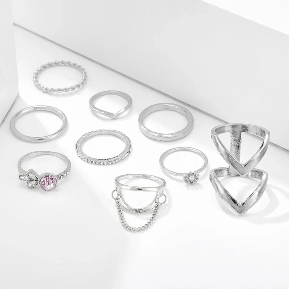 *CONSTANCE* 9-Pc Silver Chain Fashion Ring Set